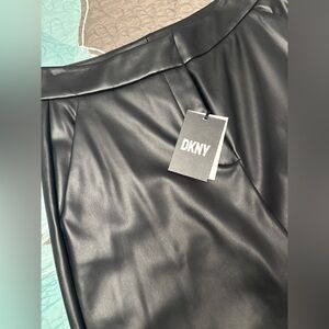 DKNY Black faux Leather cropped wide leg pants.
